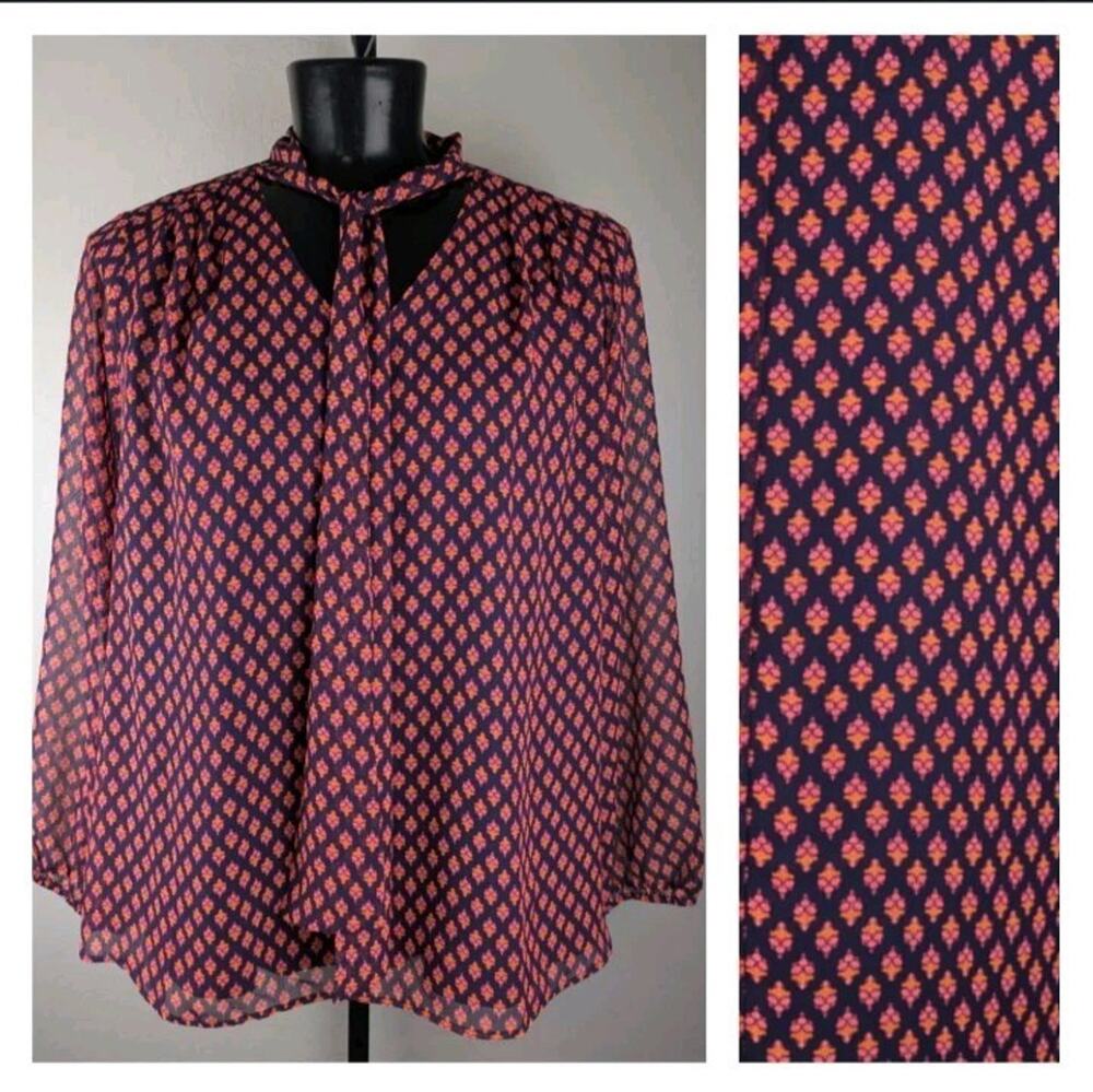 NWOT Lane Bryant V Neck Tie Sheer Overlay Career Blouse blue pink orange